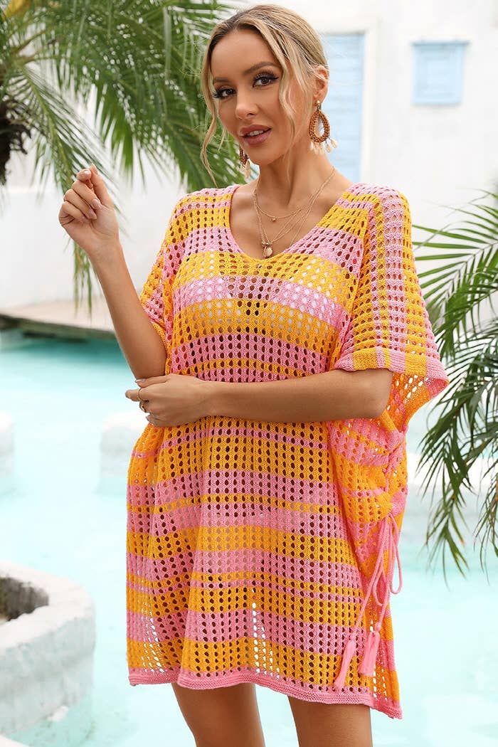 STRIPE PATTERNED HOLLOW KNIT SWIMWEAR COVER UP
