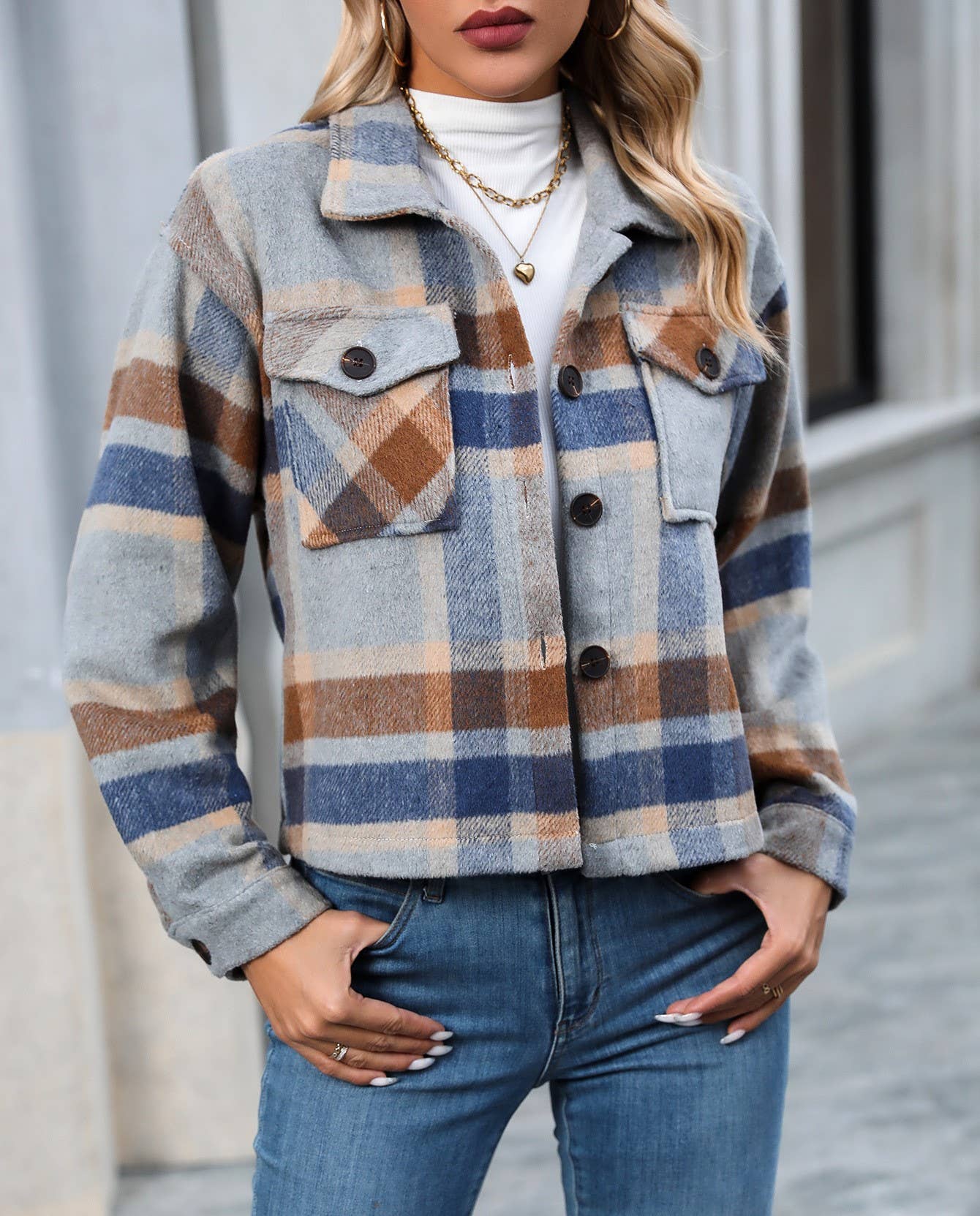 Lapel Check Pockets Tweed Cropped Jacket