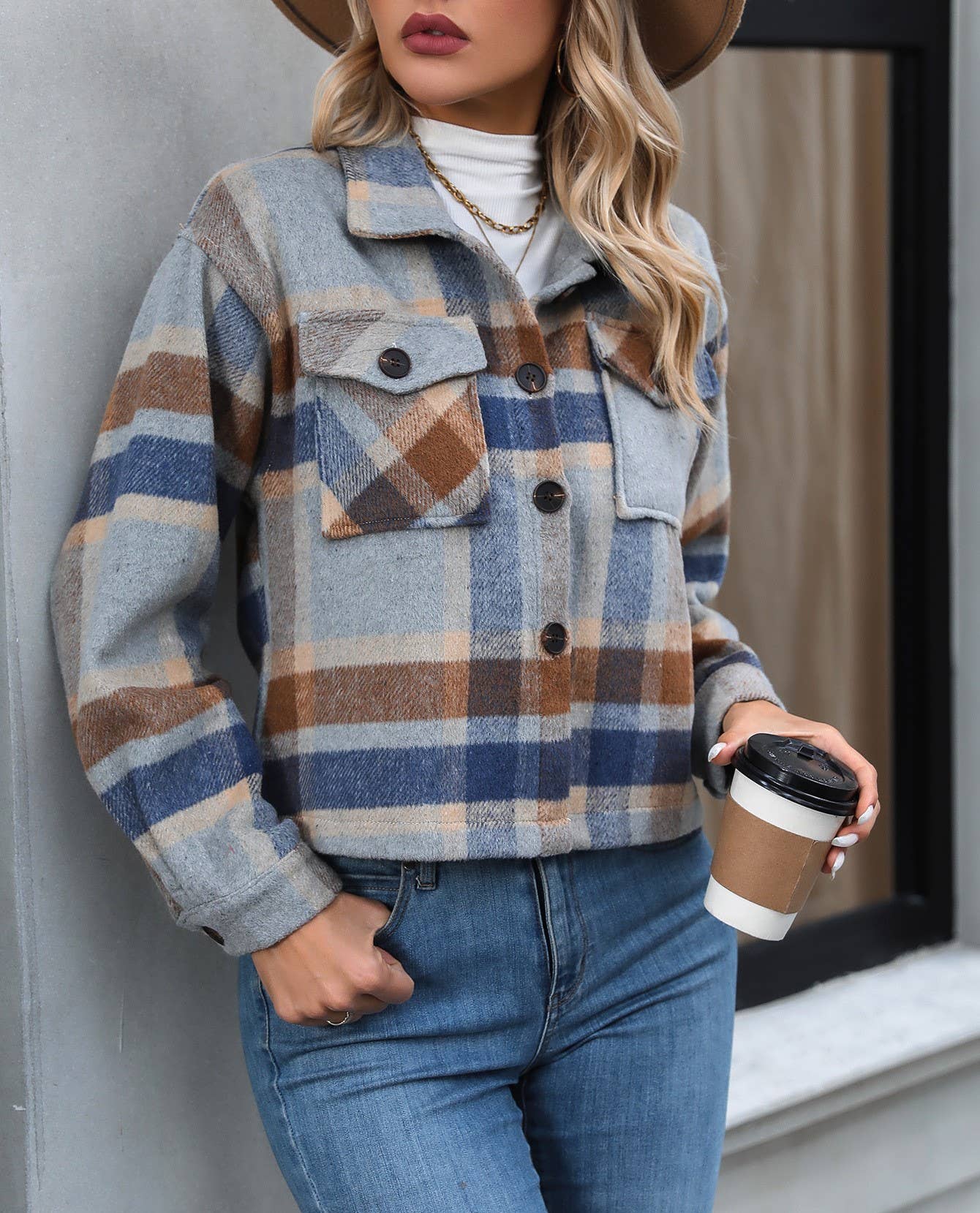 Lapel Check Pockets Tweed Cropped Jacket