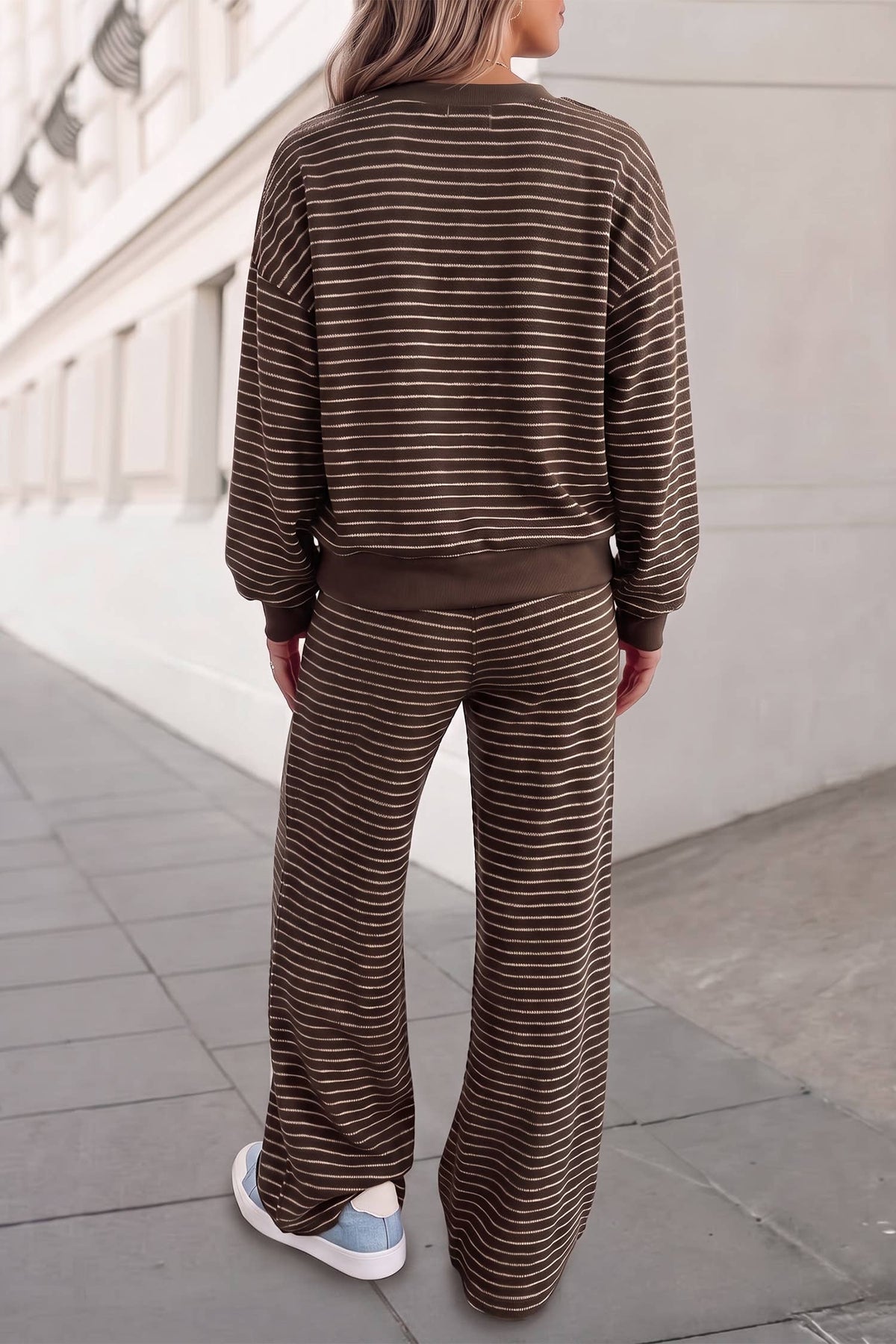Soft Striped Print Pullover Pocketed Pants Set | S-XL