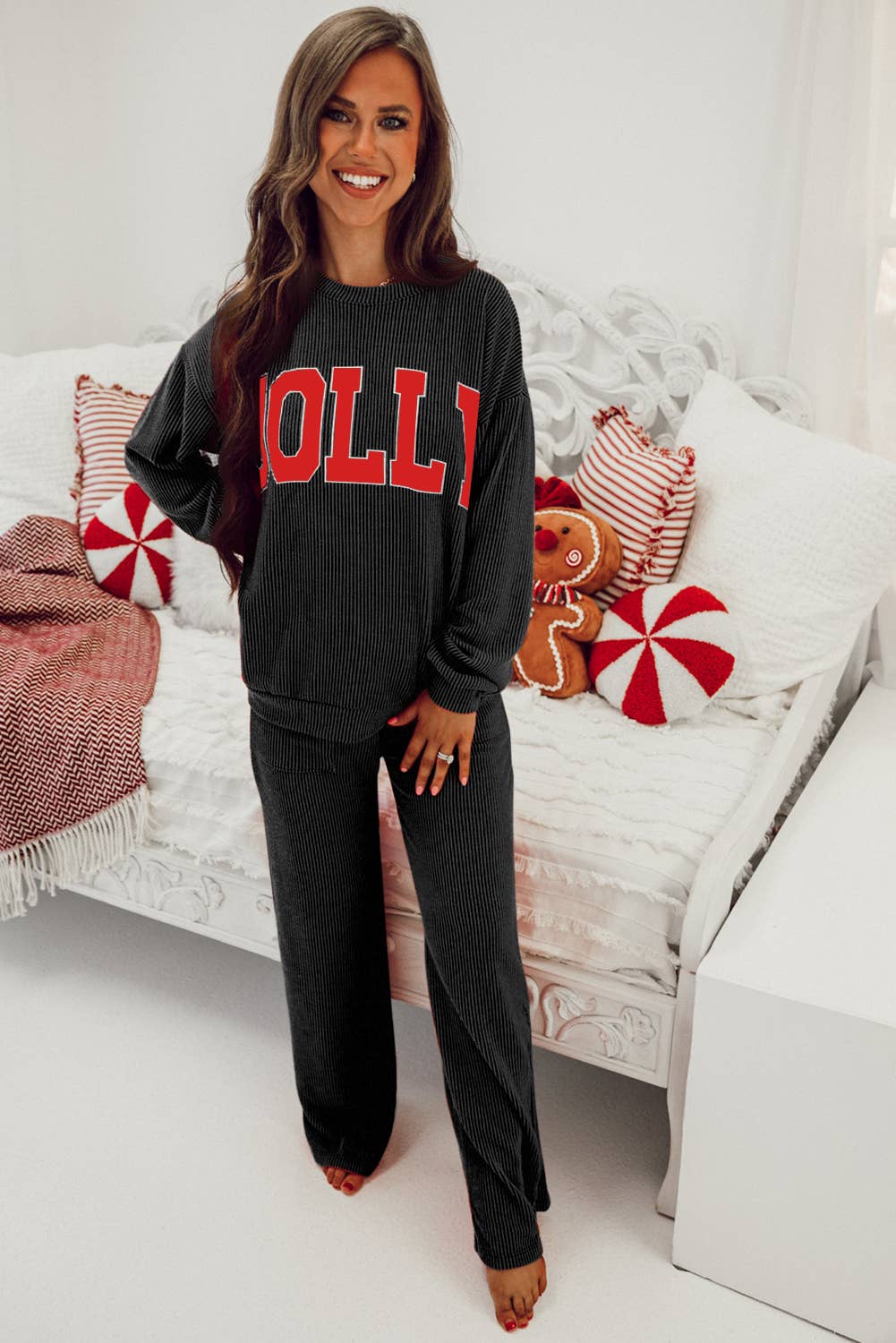 JOLLY Ribbed Knit Loungewear Set with Long Sleeve Top