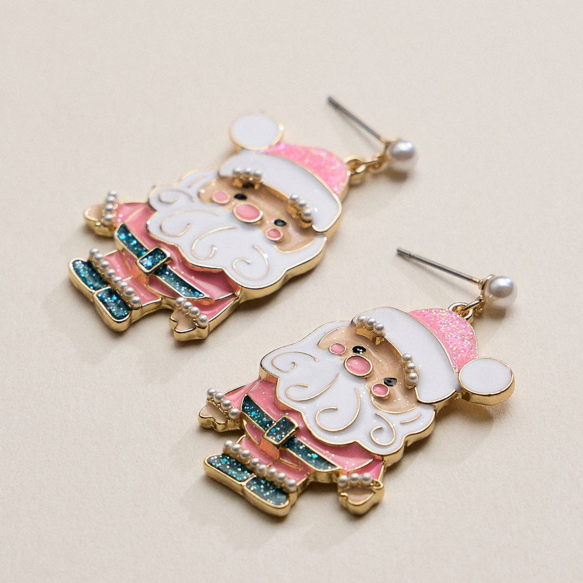 Enamel Pink Santa Claus | Christmas Drop Earrings