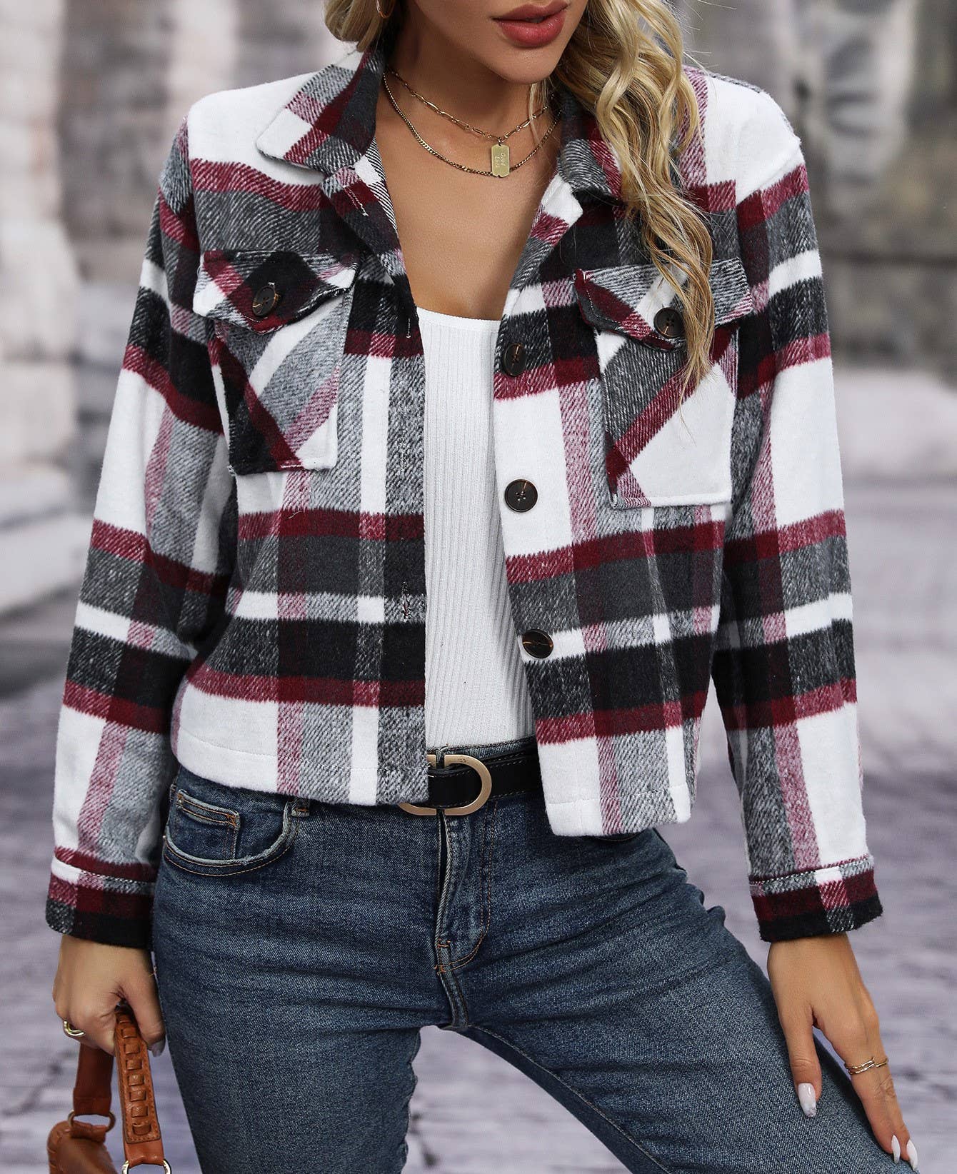 Lapel Check Pockets Tweed Cropped Jacket