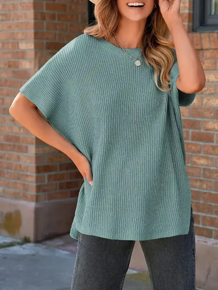 Gray Short Sleeve Side Slit Oversized Sweater: Apricot / 55%Acrylic+45%Cotton / L