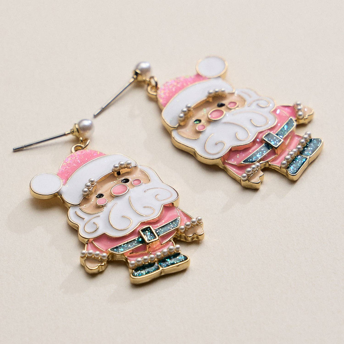 Enamel Pink Santa Claus | Christmas Drop Earrings