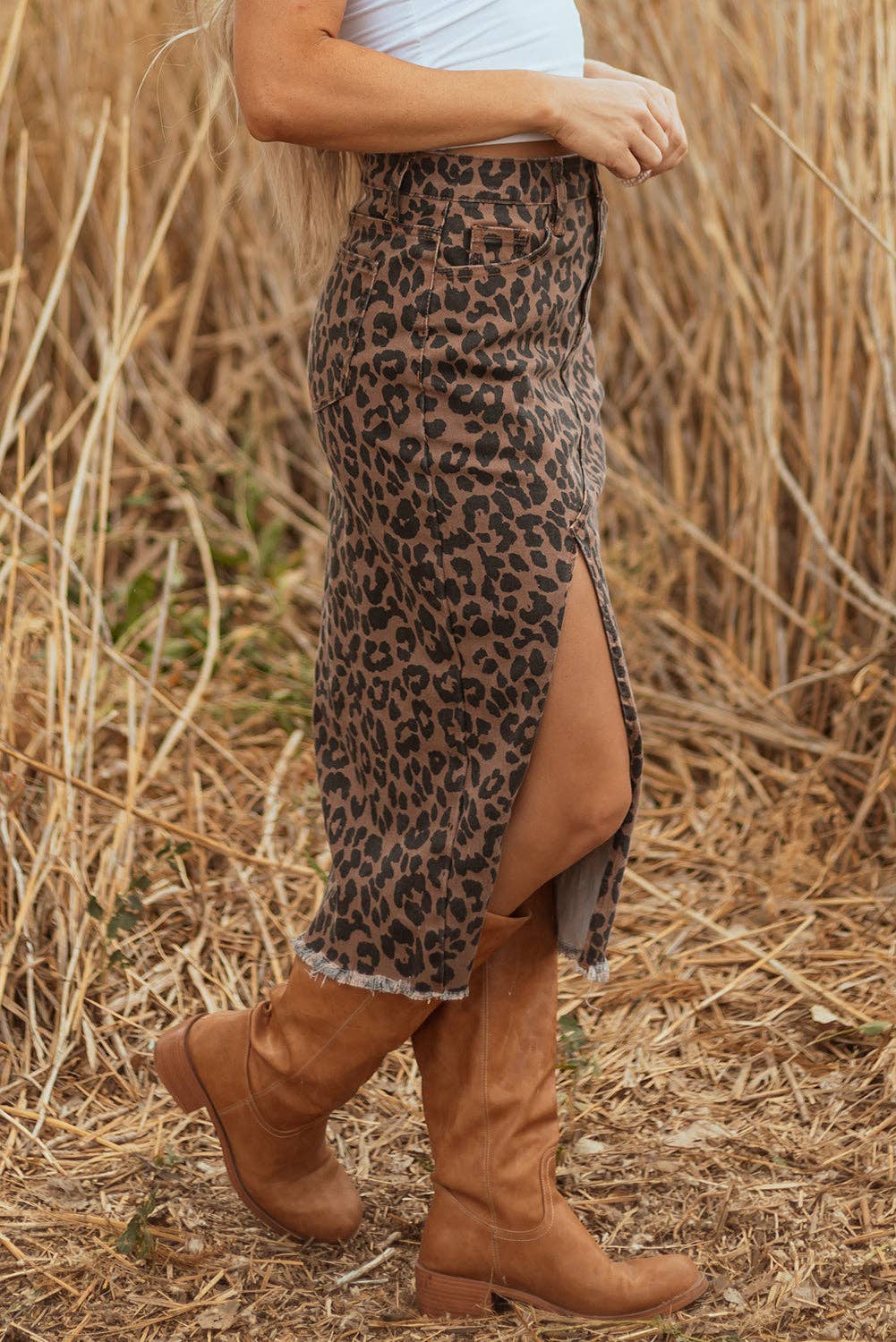 Leopard Denim Frayed Hem Midi Skirt: Brown / M