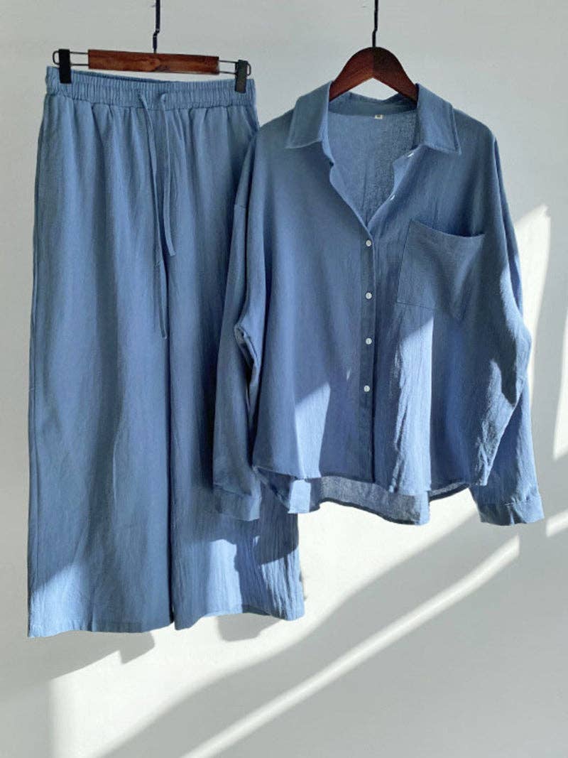 Solid Button-Up Shirt and Wide-Leg Pants Set