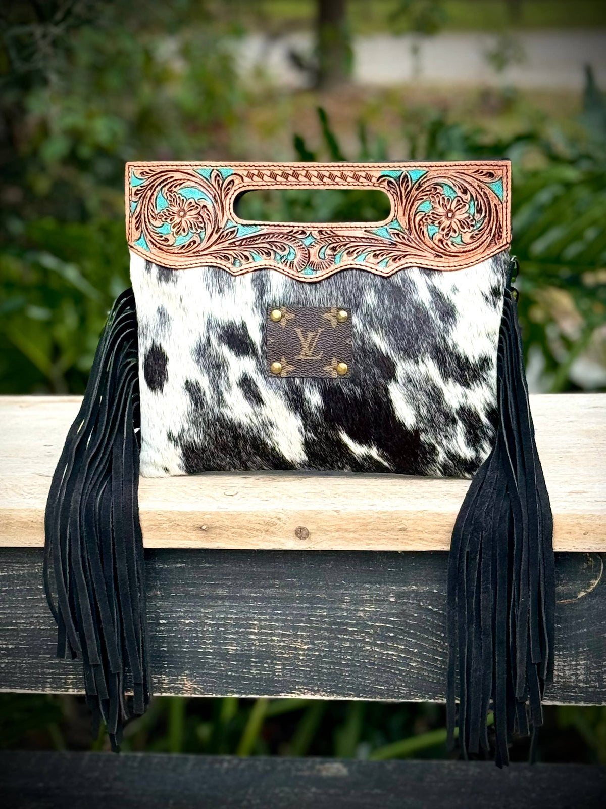 Upcycled LV Cowhide Leather Fringe Crossbody Clutch Bag Boho