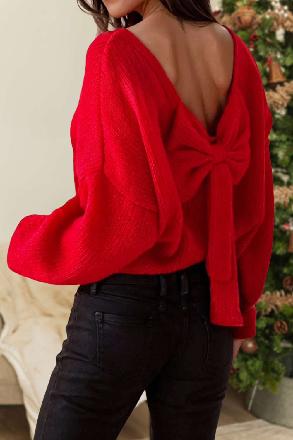 Red Bow Backless Crewneck Bubble Sleeve Sweater | S-XL