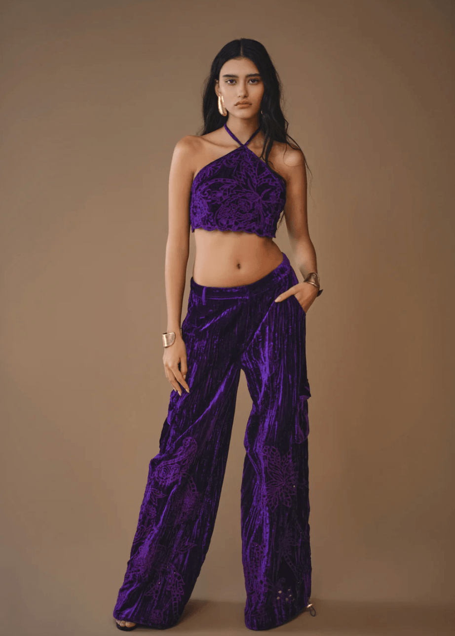 Stylish Hemant & Nandita Velvet Cargo Pants in Pink featuring a luxurious fabric and functional pockets, perfect for chic casual wear