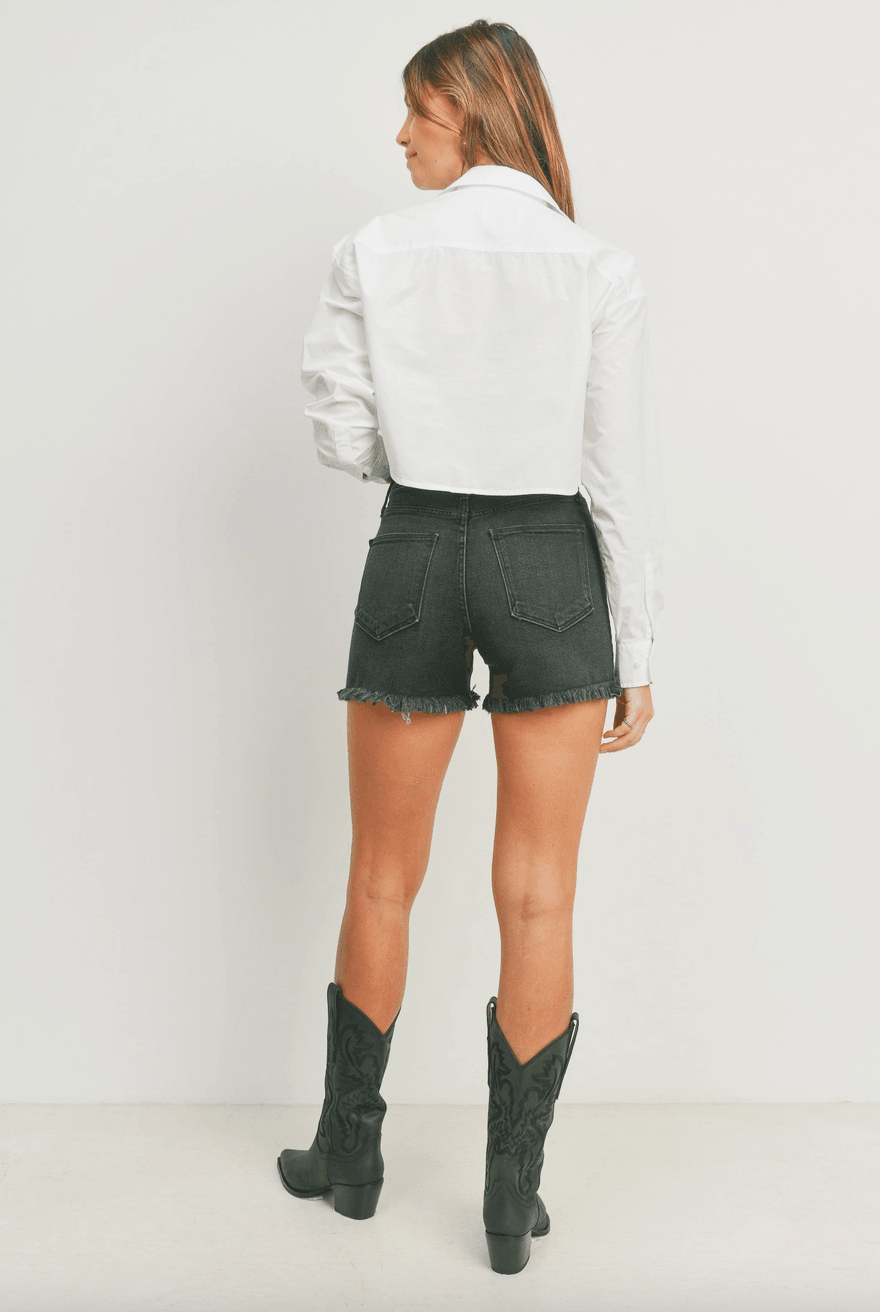 Trendy Just Black Denim The Keeper High Rise Shorts featuring a flattering fit and classic design, perfect for casual summer looks
