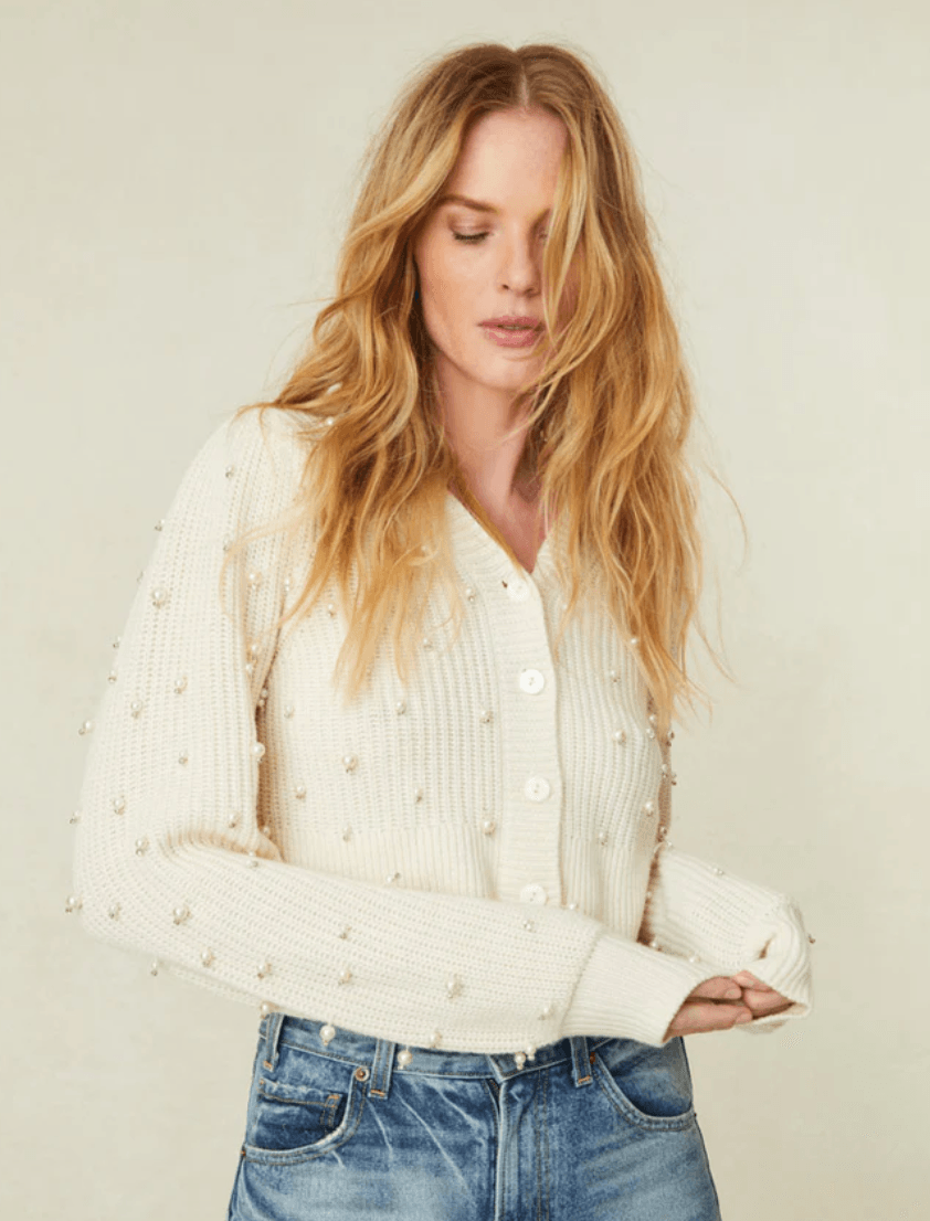 Charming Love Shack Fancy Frances Cropped Cardigan in Antique White featuring delicate detailing and a feminine silhouette, perfect for layering over dresses or tops