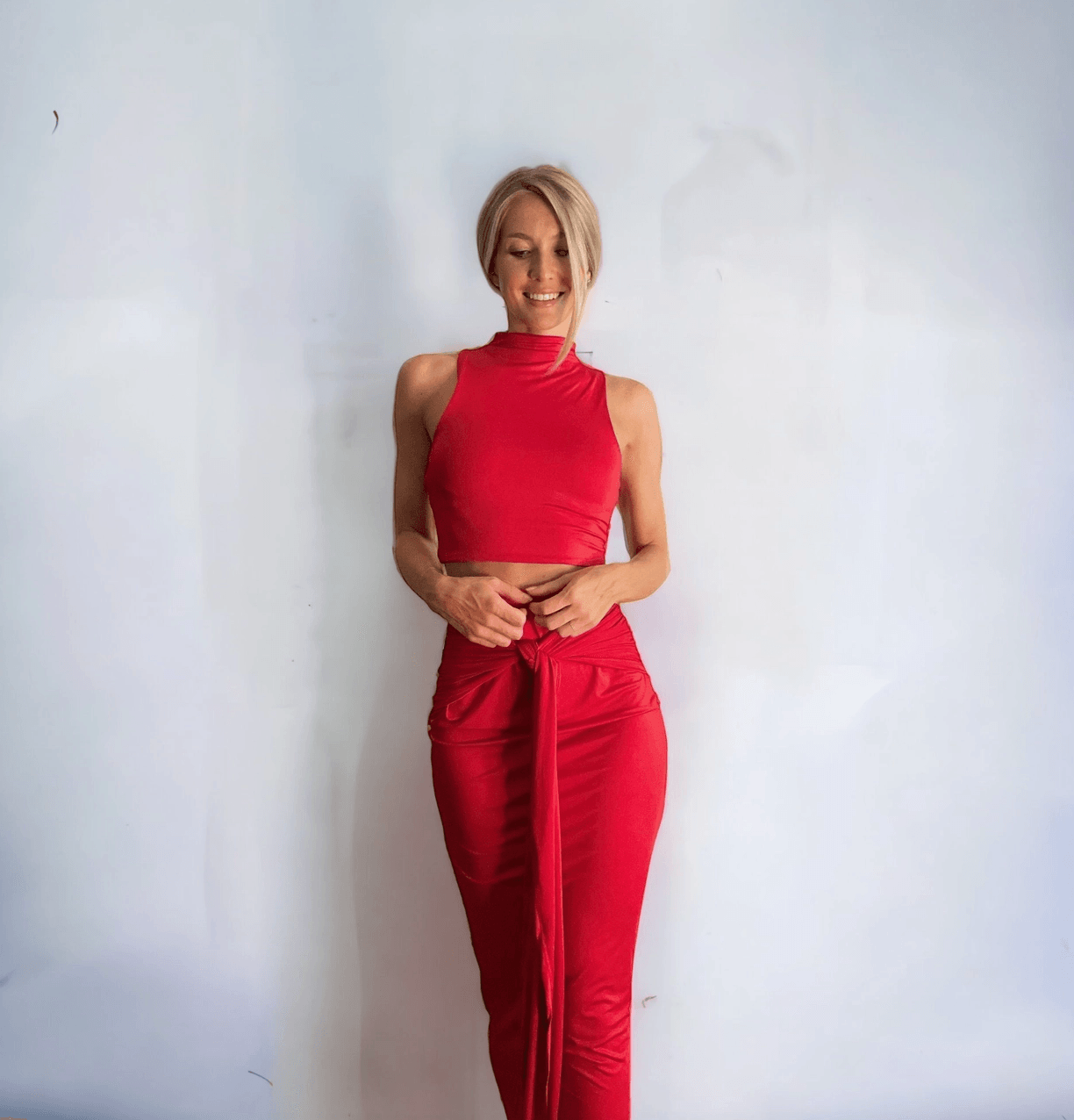 Midi Skirt and High Neck Top Set in Red - Stylish and Coordinated Outfit Featuring a Flattering Midi Skirt and Elegant High Neck Top, Perfect for Any Occasion