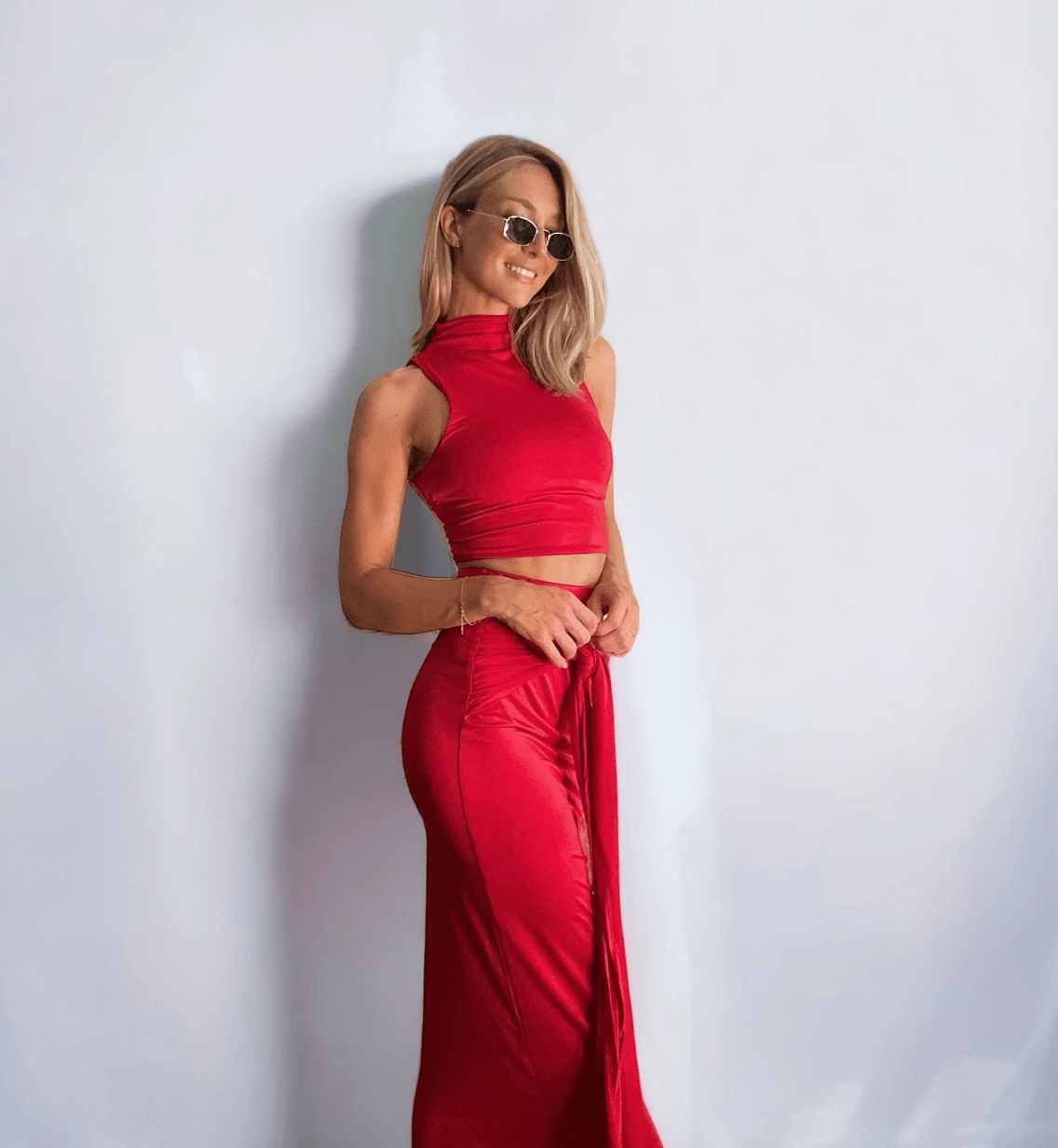Midi Skirt and High Neck Top Set in Red - Stylish and Coordinated Outfit Featuring a Flattering Midi Skirt and Elegant High Neck Top, Perfect for Any Occasion