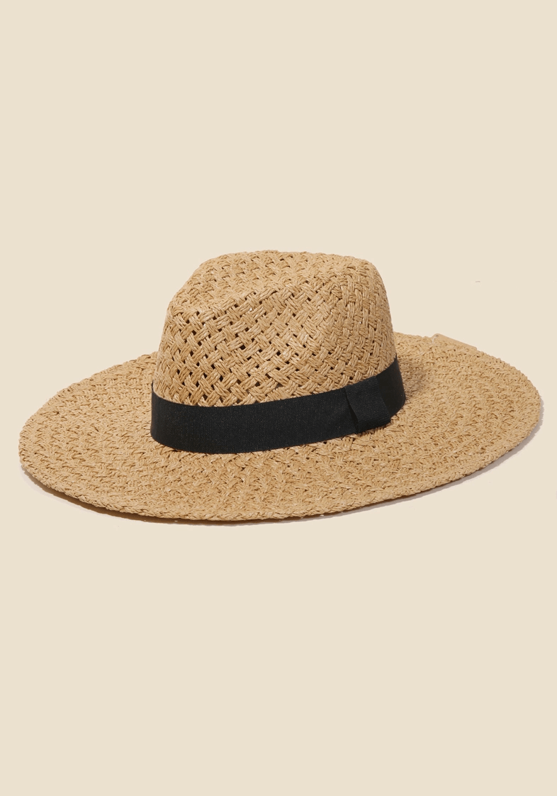 Chic Tan Straw Beach Hat featuring a wide brim and lightweight design, perfect for sun protection and stylish summer outings