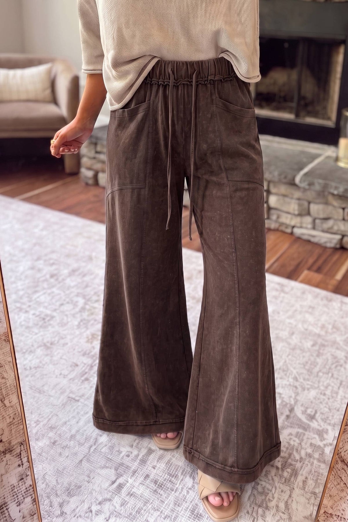 HOT Mineral Wash Seam Detail Flare Leg Drawstring Pants|S-4X