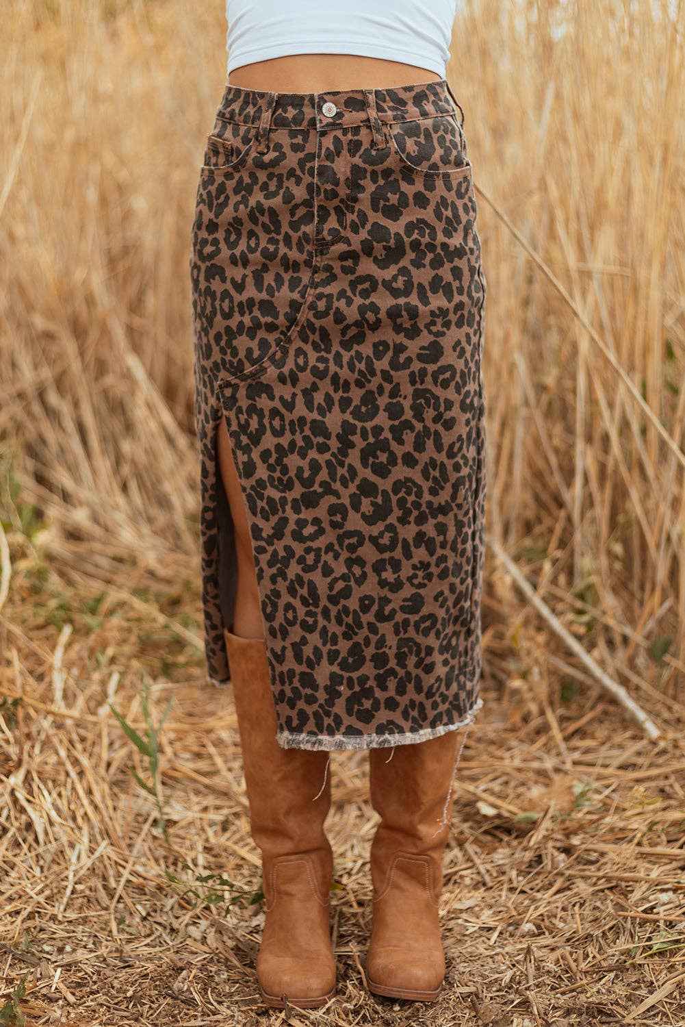 Leopard Denim Frayed Hem Midi Skirt: Brown / M