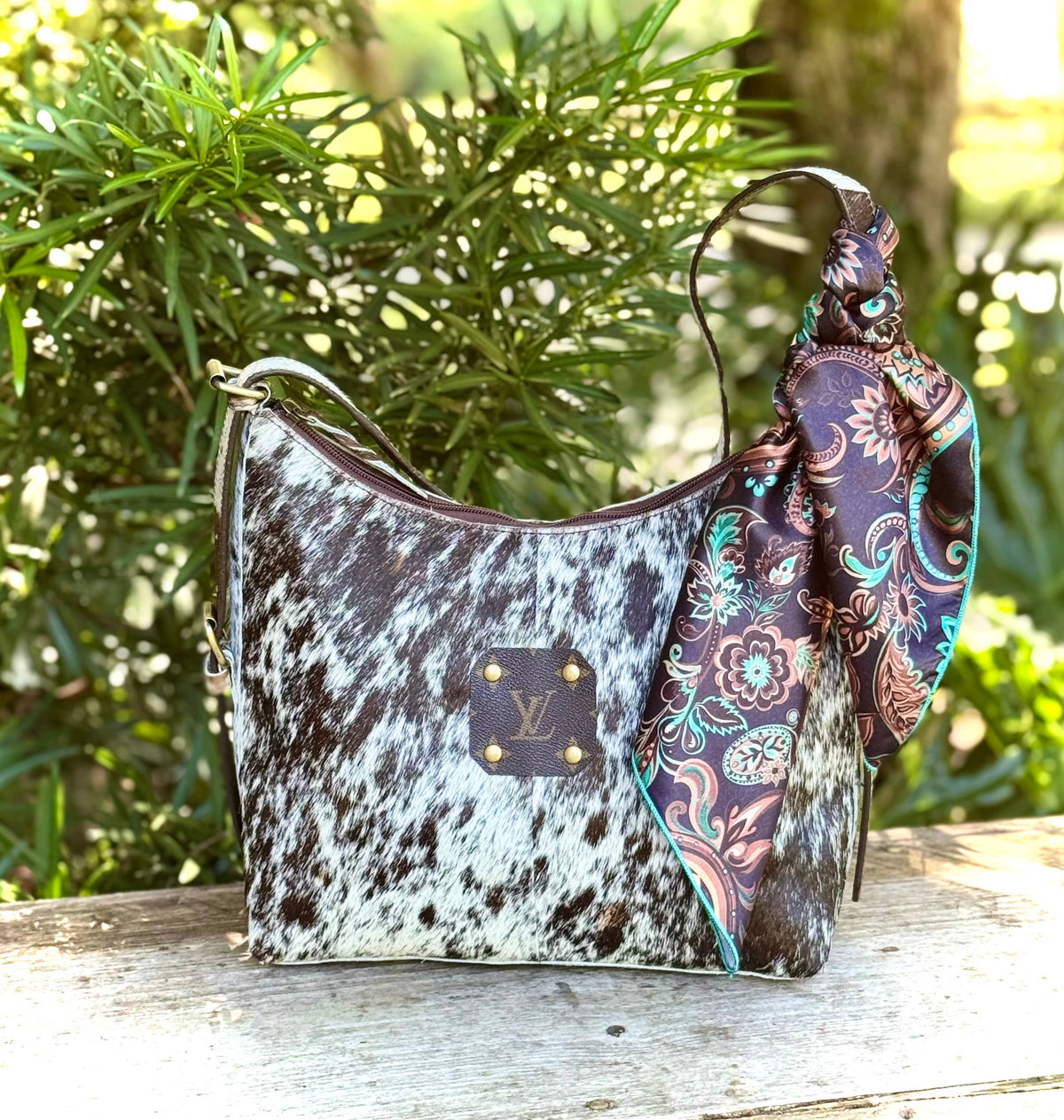 Upcycled LV Cowhide Leather Shoulder Bag Western