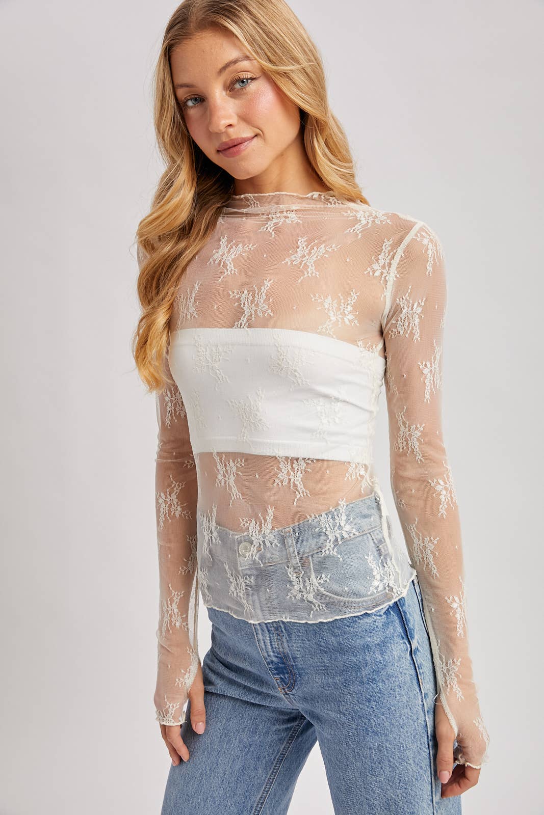 FLORAL EMBROIDERY LACE MESH LAYERING TOP