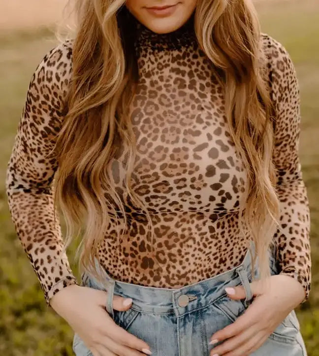 Brown Leopard Smocked Neck Mesh Long Sleeve Bodysuit