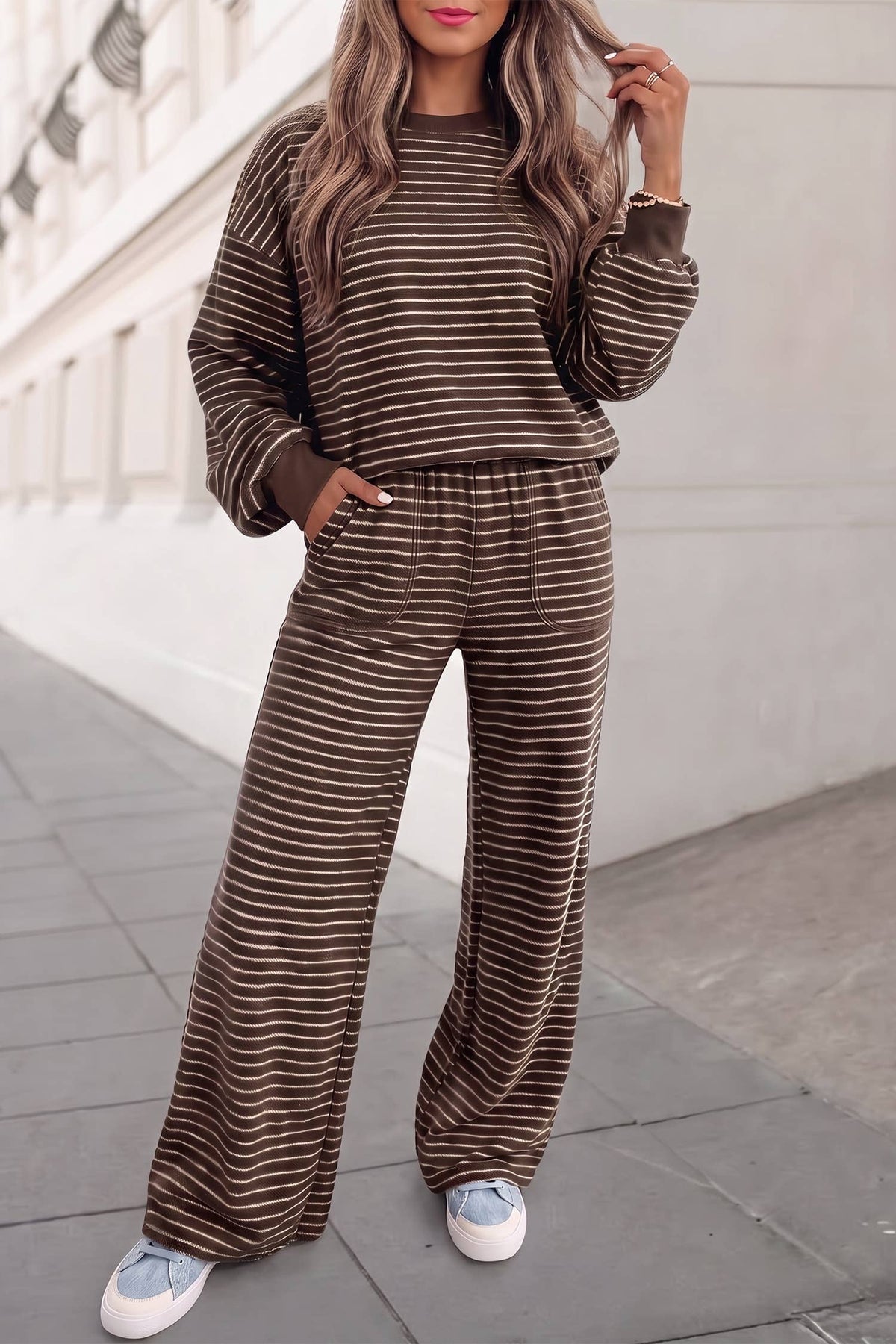 Soft Striped Print Pullover Pocketed Pants Set | S-XL