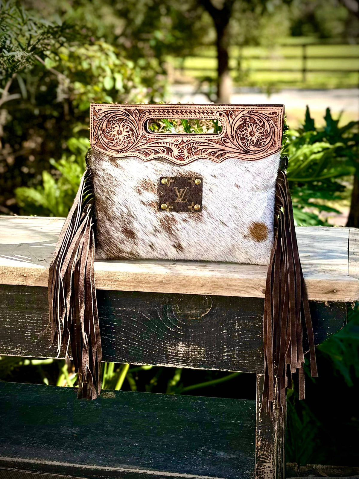 Upcycled LV Cowhide Leather Crossbody Clutch Bag Western