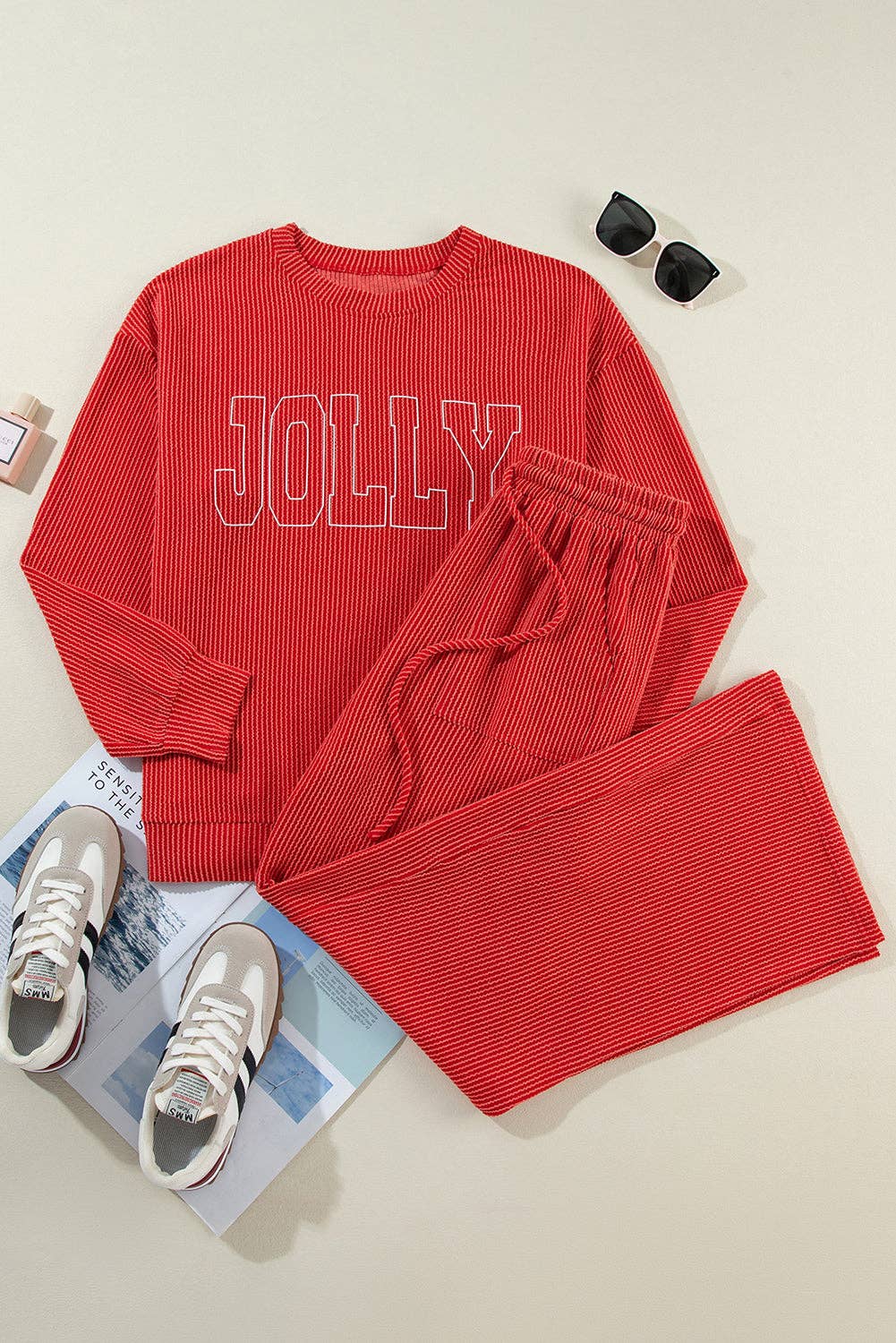 JOLLY Ribbed Knit Loungewear Set with Long Sleeve Top