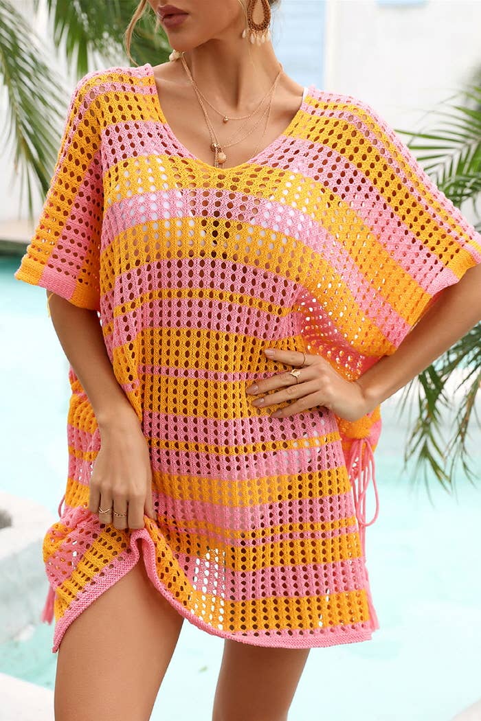 STRIPE PATTERNED HOLLOW KNIT SWIMWEAR COVER UP