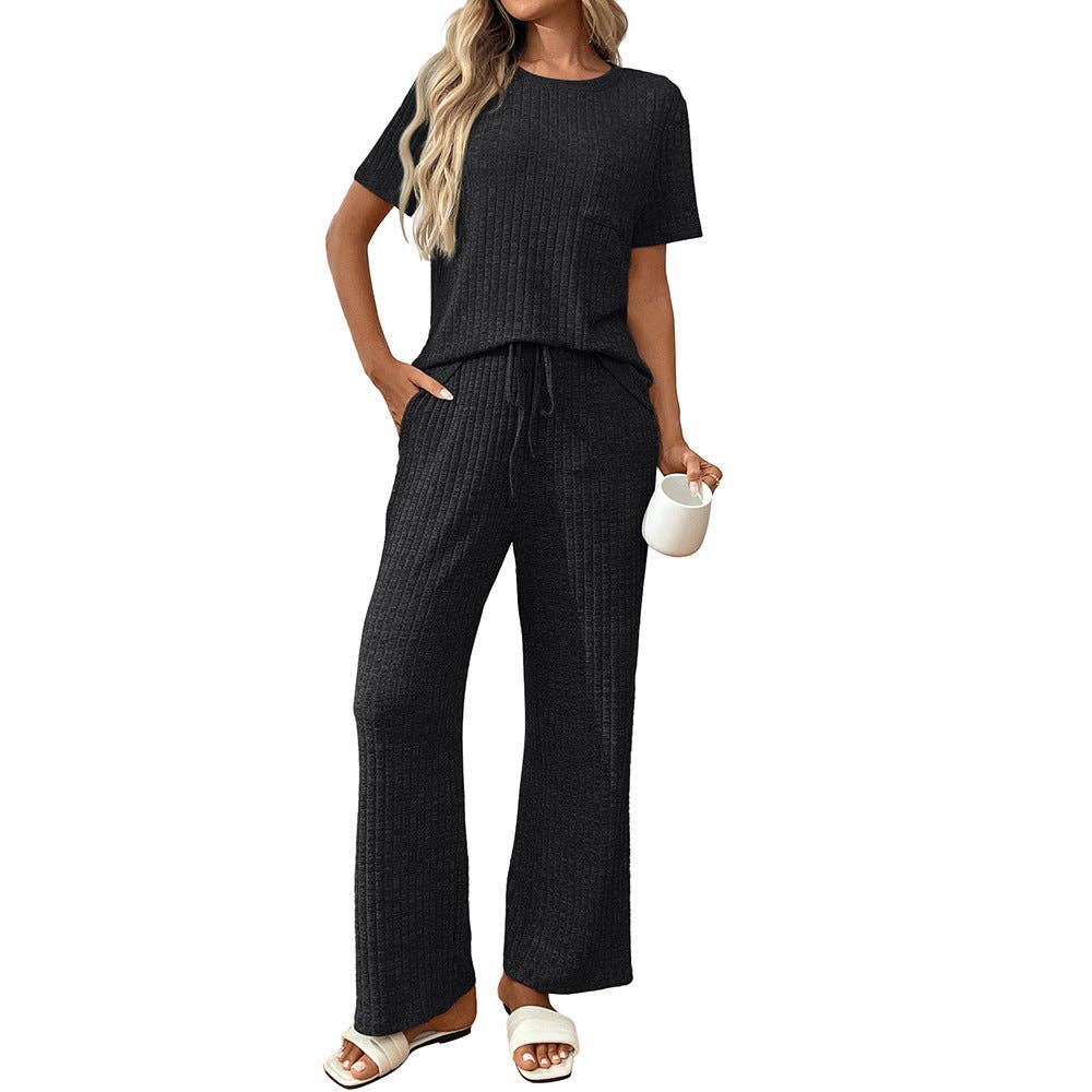 Ribbed Knit Lounge Set with Short Sleeve Top and Pants