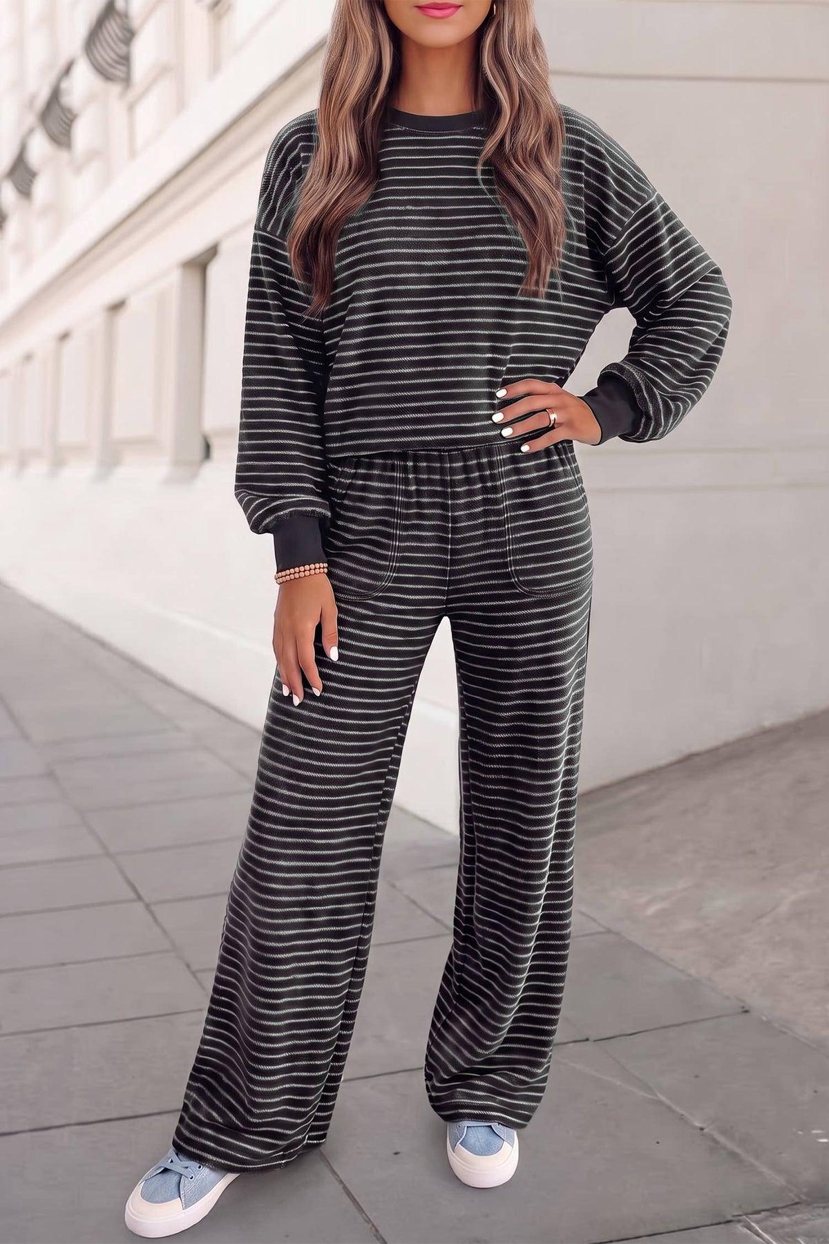 Soft Striped Print Pullover Pocketed Pants Set | S-XL