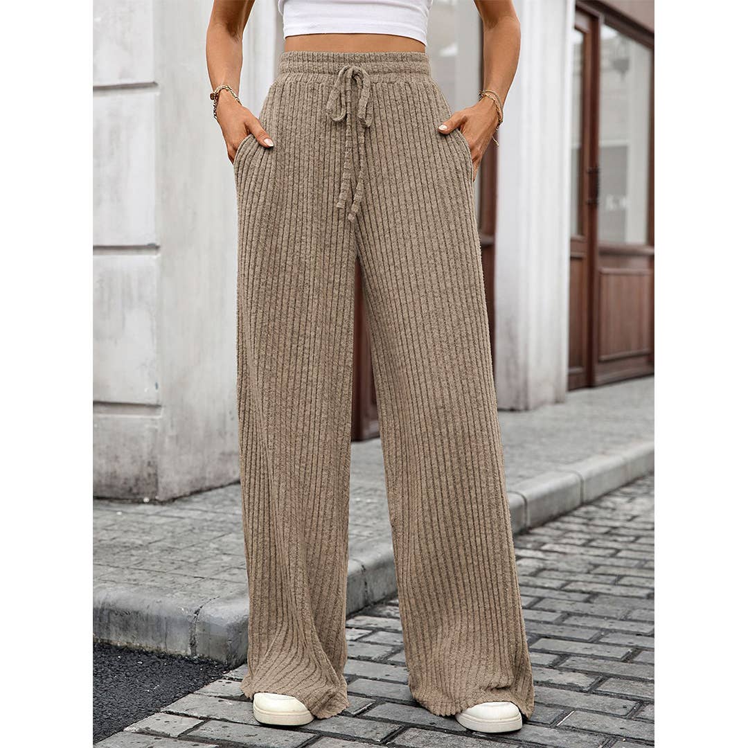 Solid Drawstring Ribbed Brushed Elastic Waist Pants HLL283