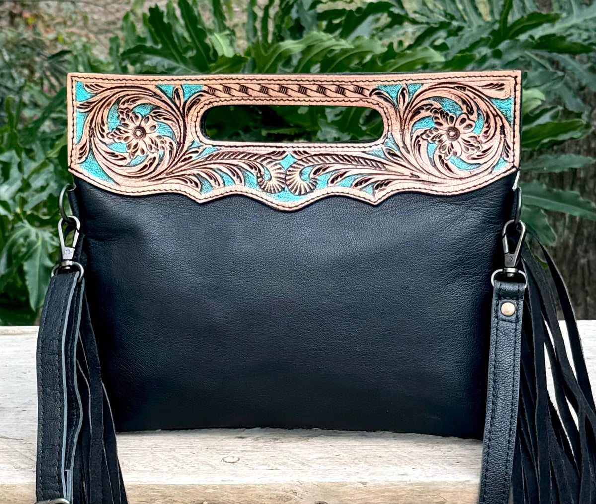 Upcycled LV Cowhide Leather Fringe Crossbody Clutch Bag Boho