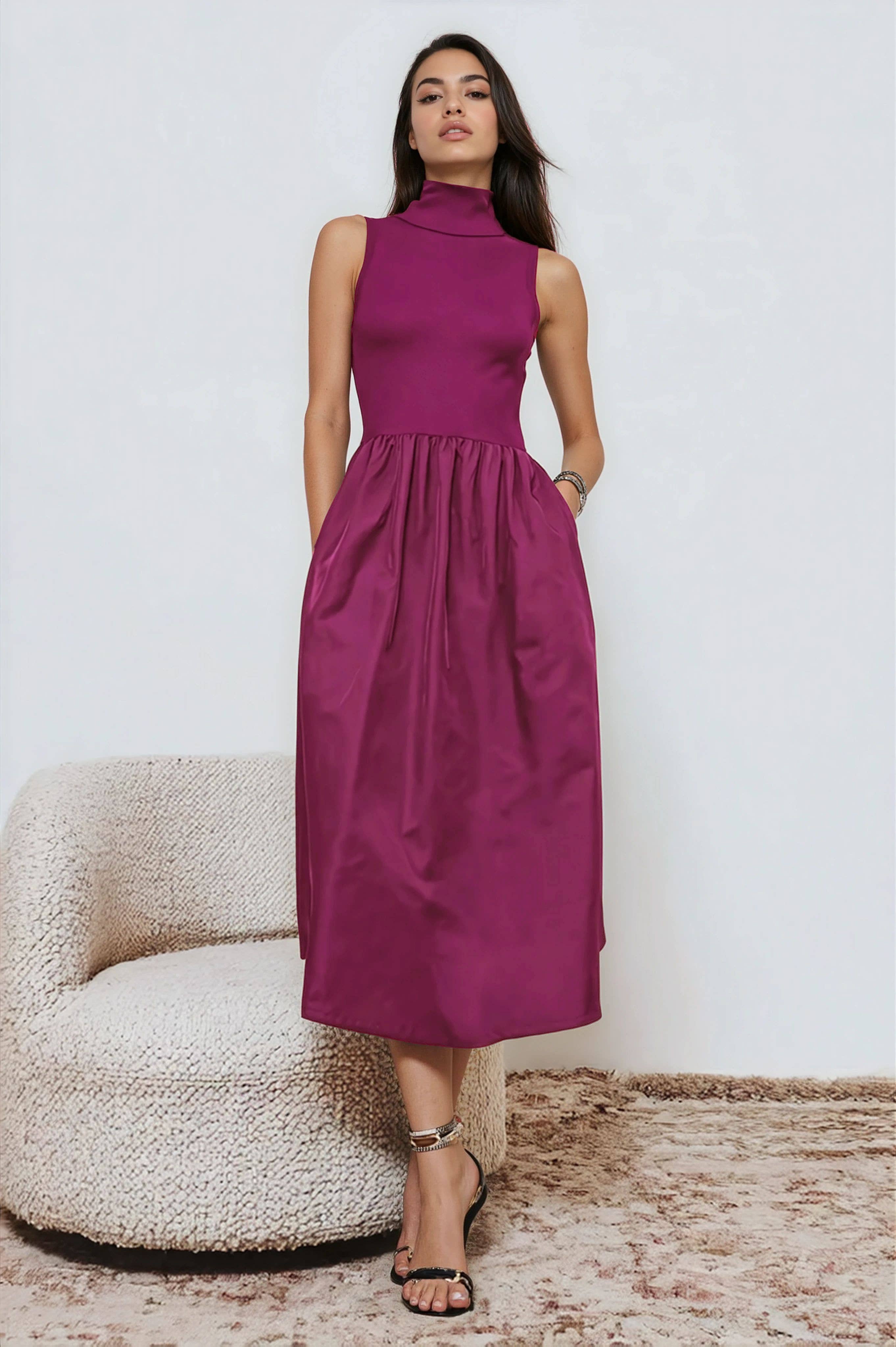 Sleeveless Mock Neck Midi Dress