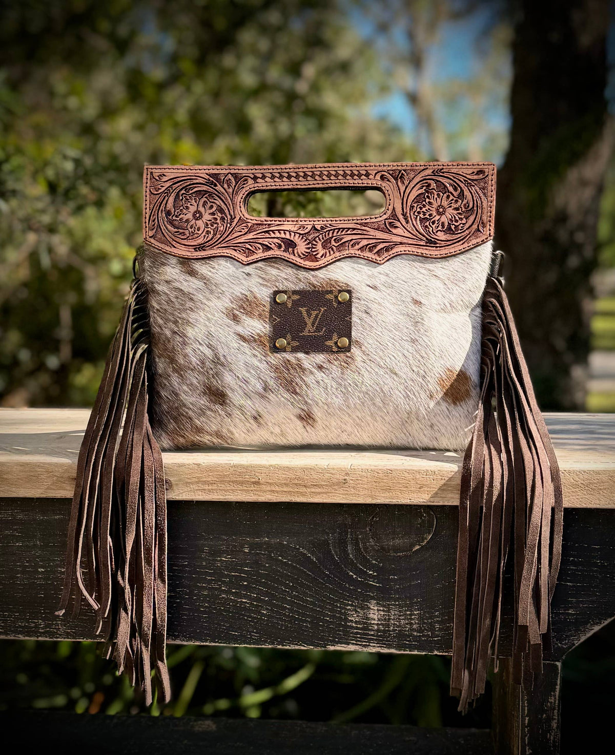 Upcycled LV Cowhide Leather Crossbody Clutch Bag Western