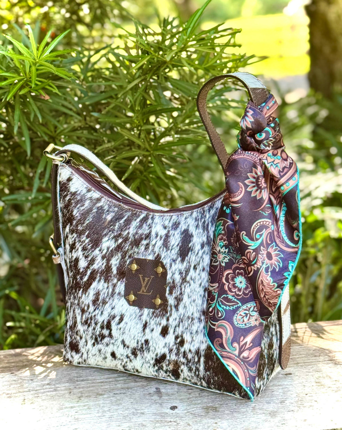 Upcycled LV Cowhide Leather Shoulder Bag Western