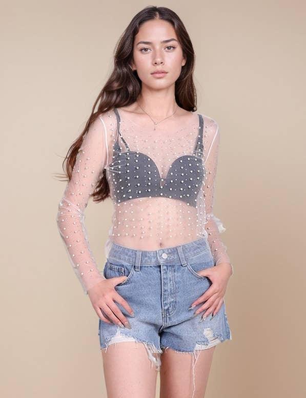 Pearl Rhinestone Studded See Through Mesh Crop Top