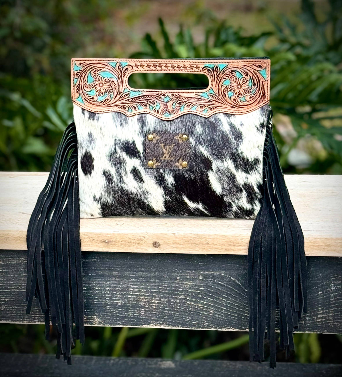 Upcycled LV Cowhide Leather Fringe Crossbody Clutch Bag Boho