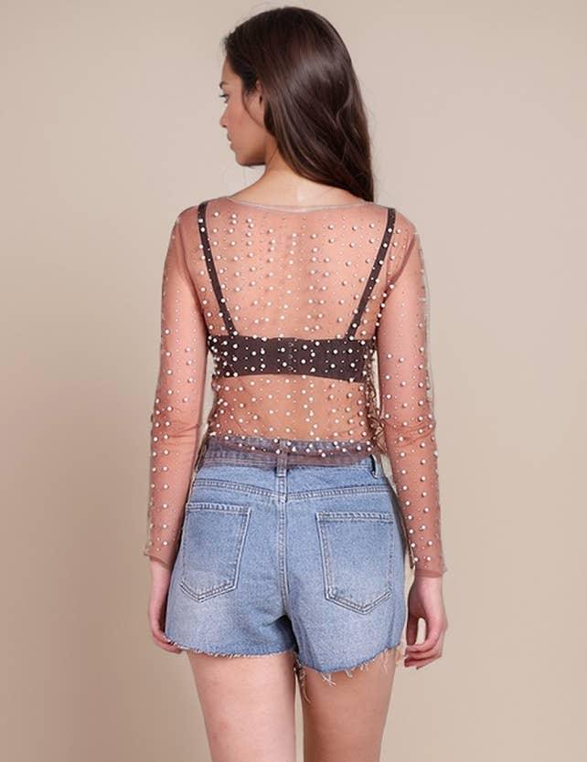 Pearl Rhinestone Studded See Through Mesh Crop Top