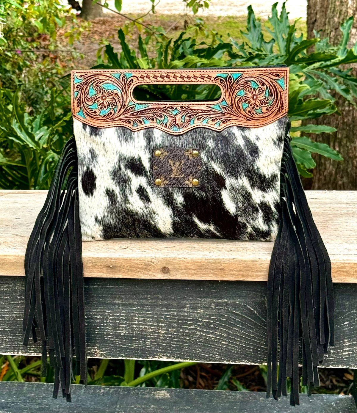 Upcycled LV Cowhide Leather Fringe Crossbody Clutch Bag Boho