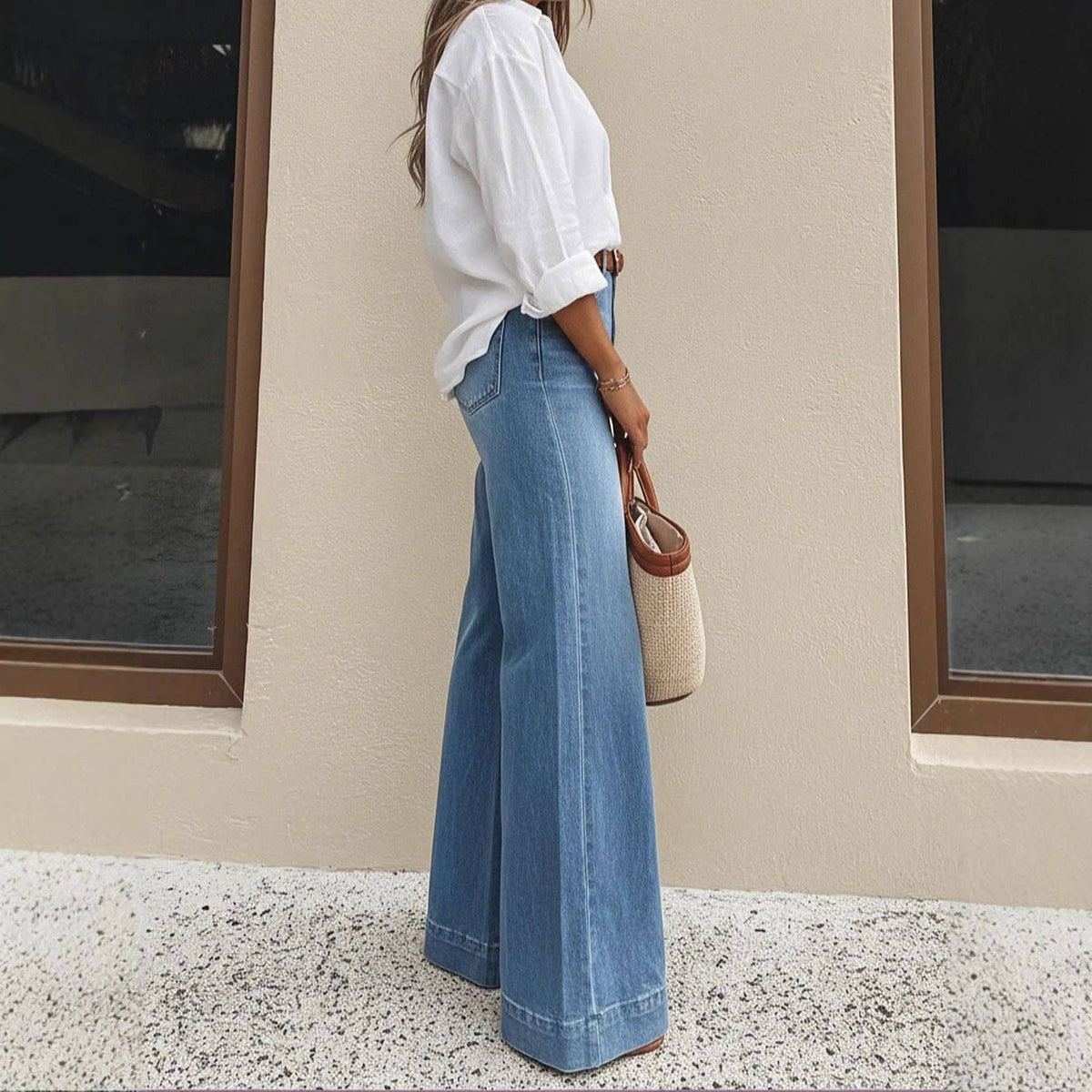 Washed Denim Wide Leg Jeans High Rise Relaxed Fit
