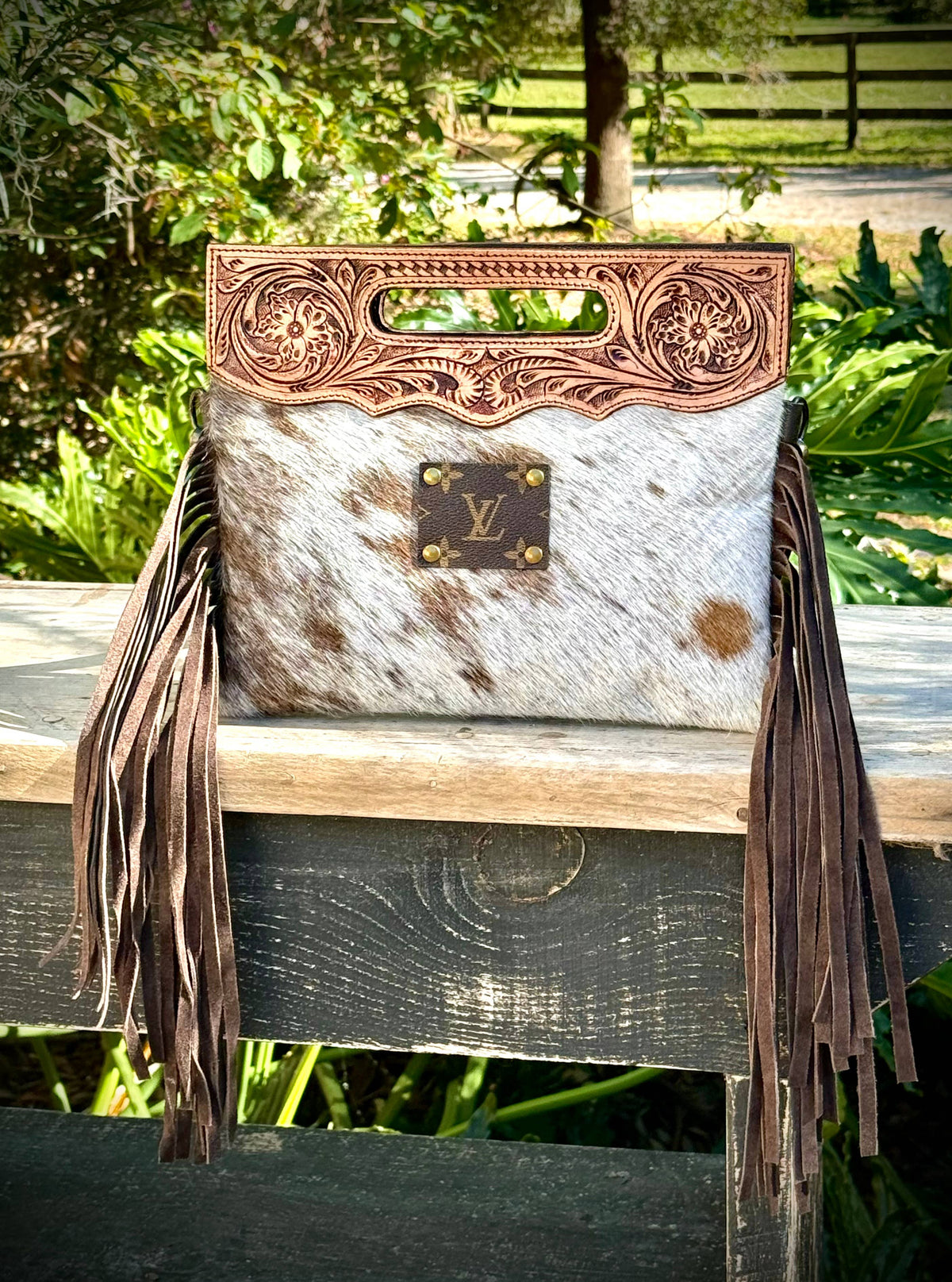 Upcycled LV Cowhide Leather Crossbody Clutch Bag Western
