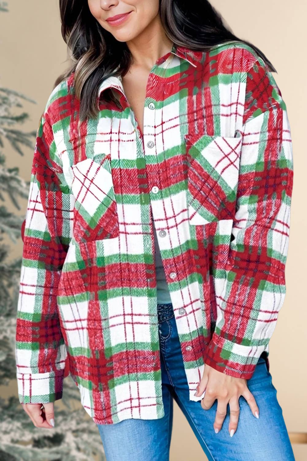 Christmas Plaid Long Sleeve Shacket | S-XL