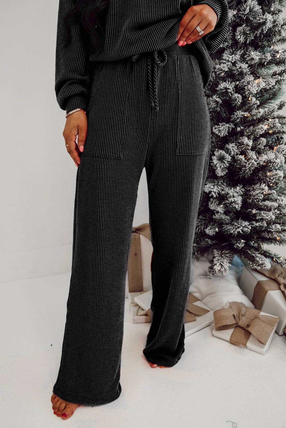 JOLLY Ribbed Knit Loungewear Set with Long Sleeve Top