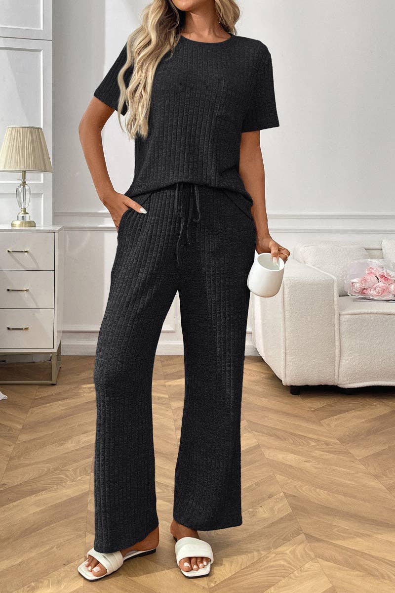 Ribbed Knit Lounge Set with Short Sleeve Top and Pants