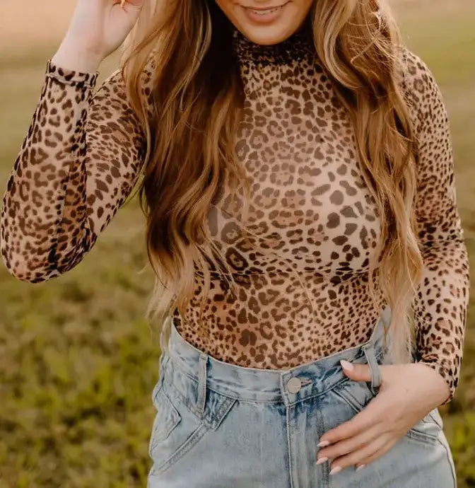 Brown Leopard Smocked Neck Mesh Long Sleeve Bodysuit