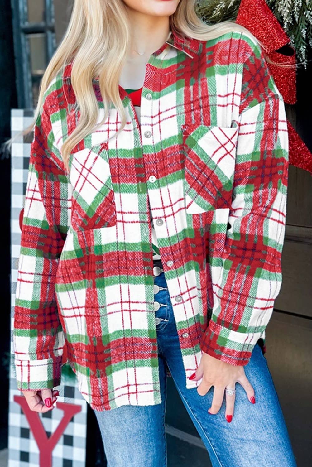 Christmas Plaid Long Sleeve Shacket | S-XL