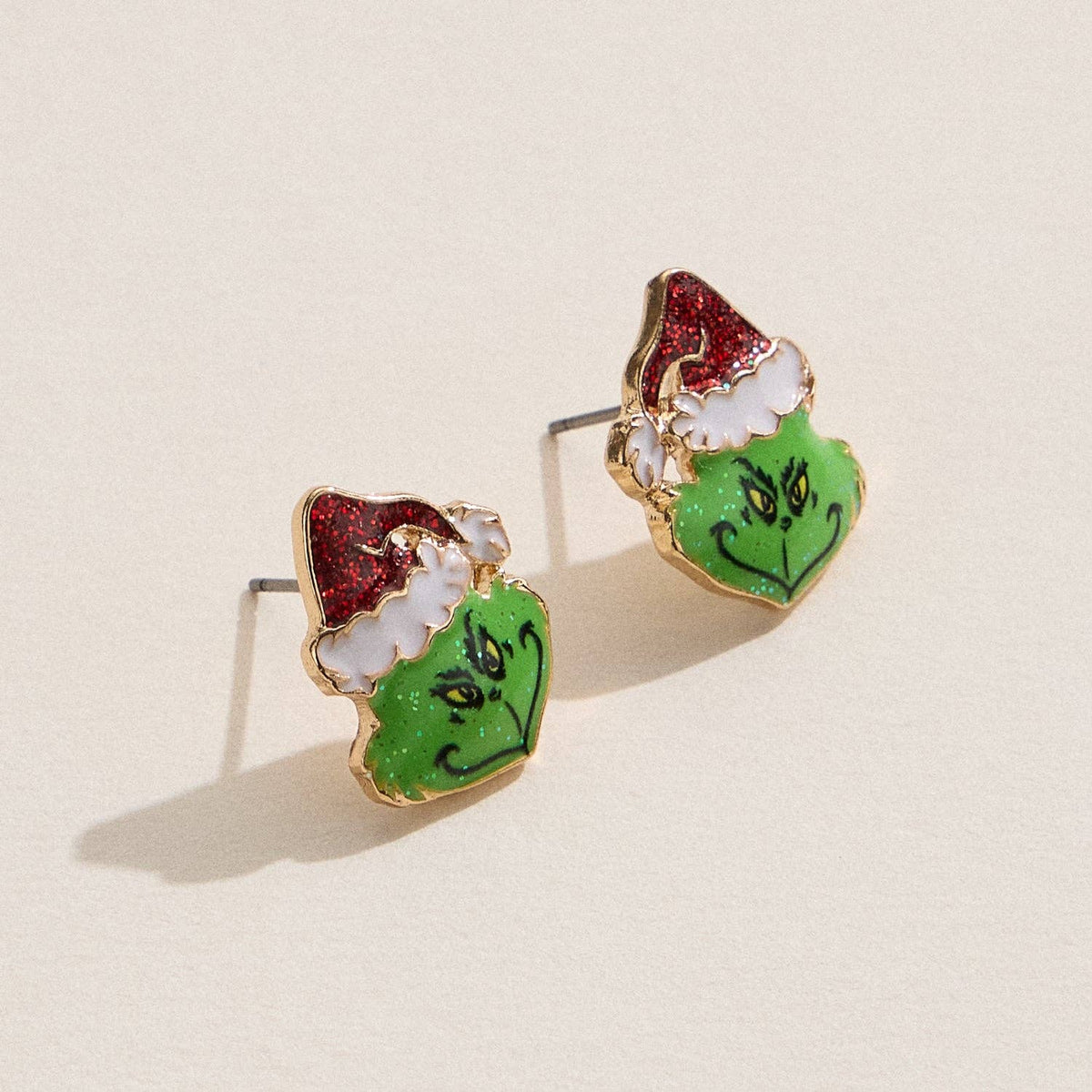 Enamel Green Monster Face Stud Earrings | Santa Hat Design