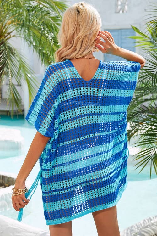 STRIPE PATTERNED HOLLOW KNIT SWIMWEAR COVER UP
