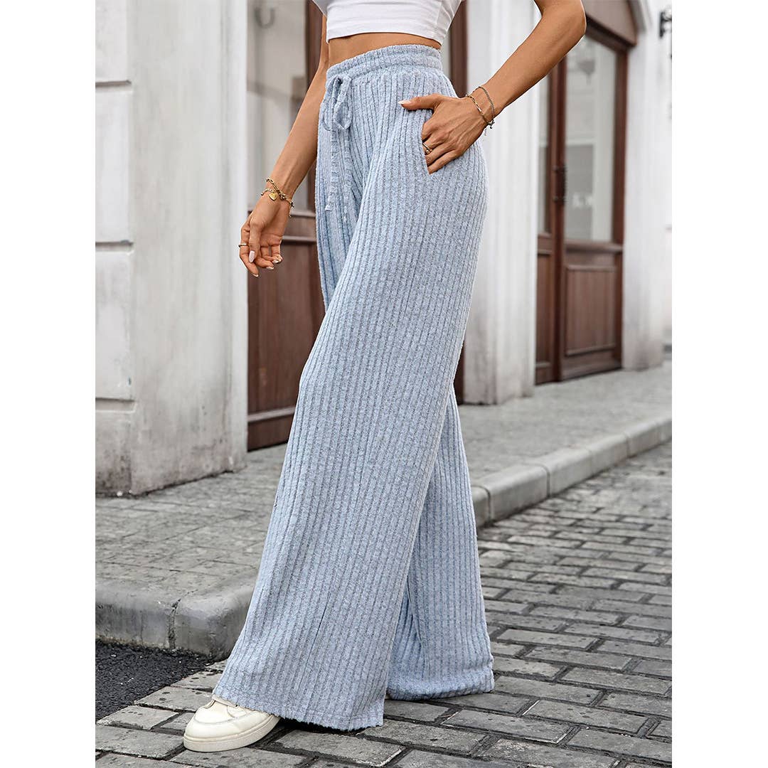 Solid Drawstring Ribbed Brushed Elastic Waist Pants HLL283