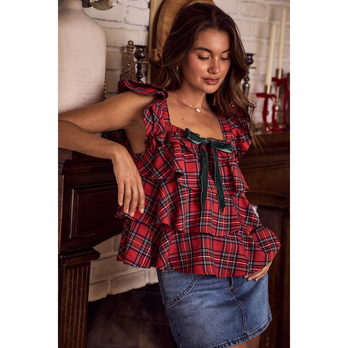 CHECKERED PLAID CHRISTMAS HOLIDAY RUFFLE TOP